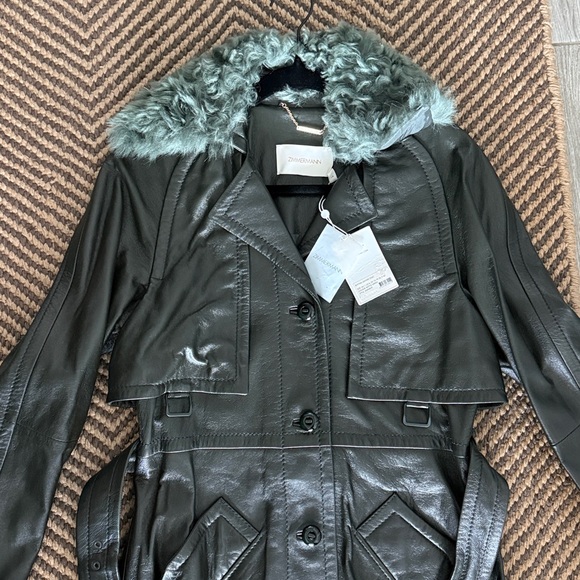 Zimmermann Forest Green Rhythm Trench Coat with Detachable Fur Collar - Picture 3 of 4